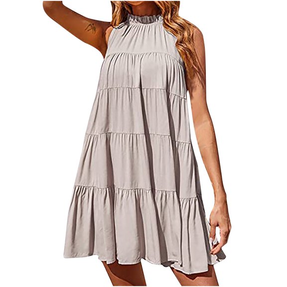 Women's Summer Casual Halter Dress Ruffle Tiered Flowy Short Dress Sleeveless Loose Swing Pleated Boho Mini Sundress