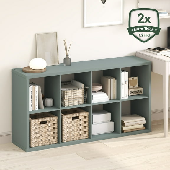 Furinno CUBICLE Book Shelf, 8-Cube Thick Frame Bookshelf, Horizontally & Vertically Reversible Bookcase with Open Back, 14.6" x 30" x 57.9", for Living Room, Bedroom, Home Office, Sage Green