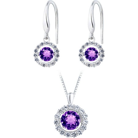 Simulated Amethyst Dancing Stone Silver Earring and Pendant Set