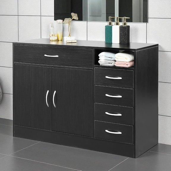 IVV Modern Floor Cabinet with 2 Doors, 5 Drawers, and Open Storage, Black Wood Cabinet for Bathroom, Bedroom, or Living Room - 41.3"L x 15.6"W x 29.13"H