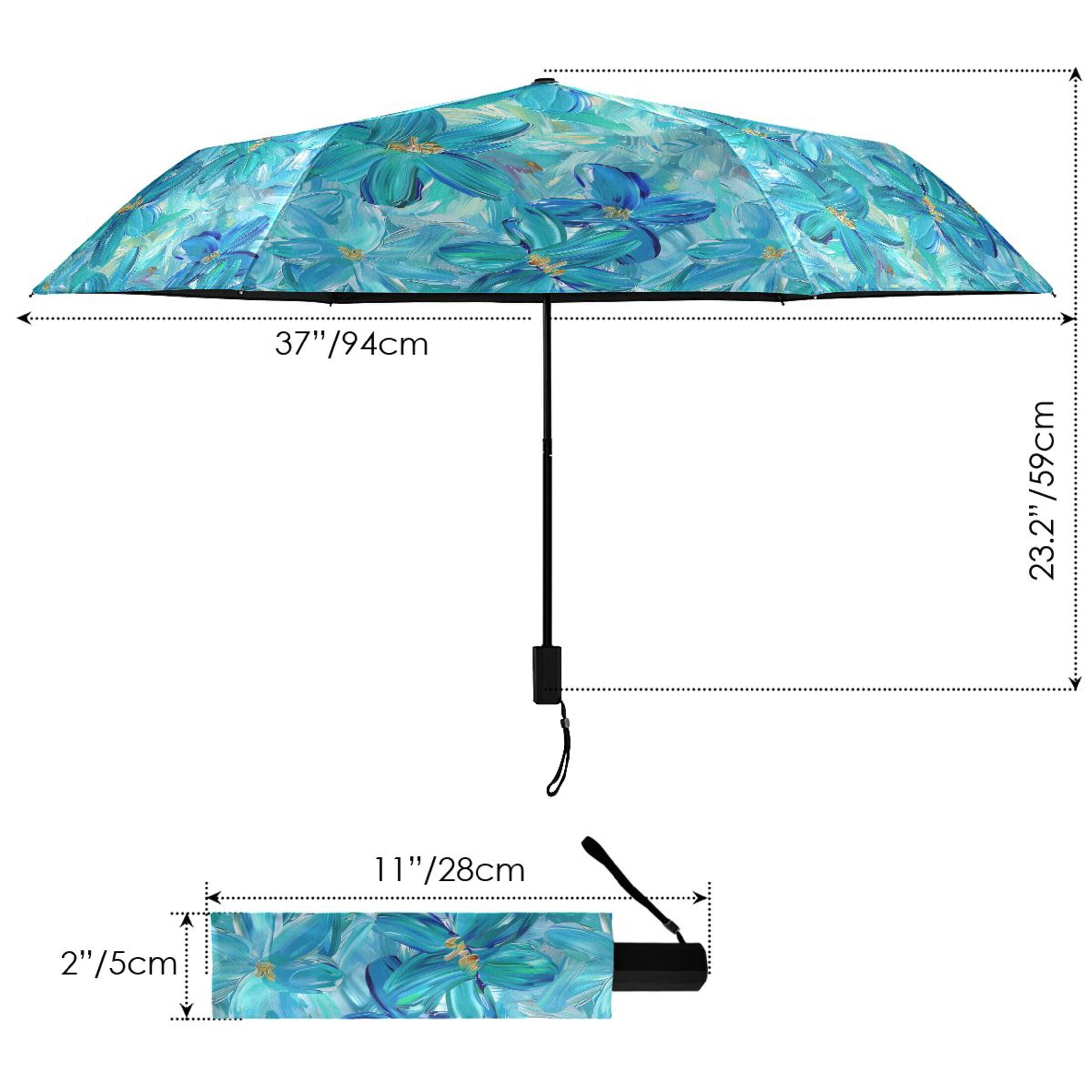 Turquoise and Blue Flowers Compact Sun Umbrella Windproof Travel Umbrellas for Rain Strong Portable UV Protection
