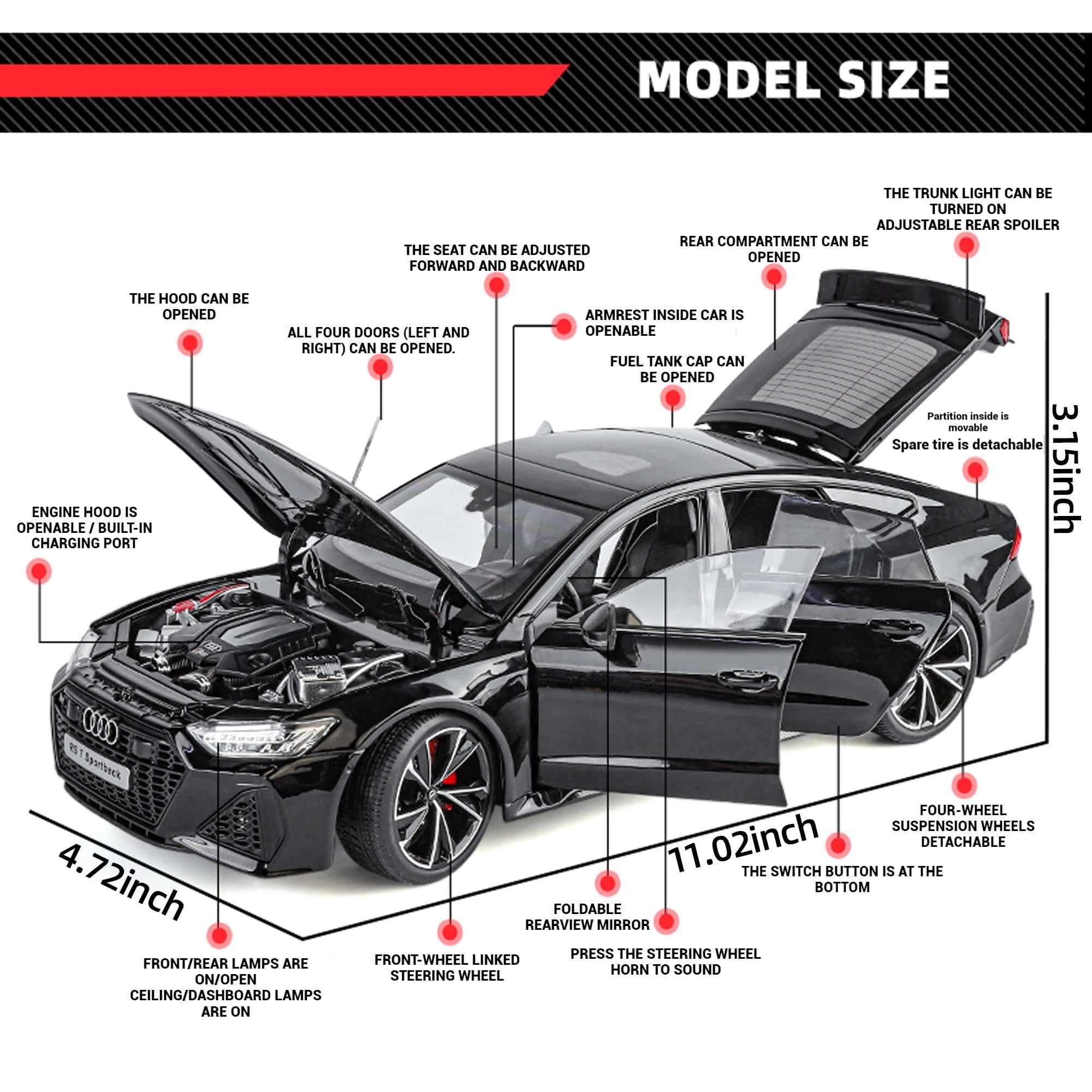Anmyjuly 1:18 Audi RS7 Diecast Alloy Car Model - Realistic Simulation Key, Working Lights, Adjustable Seats, Removable Wheels ，Suitable for 14+ gifts