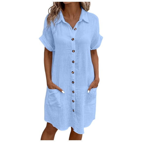 Women's Casual Button Down Shirt Dress Comfortable Loose Fit Mid Length Short Sleeve Stylish Everyday Wear Flowy Soft Fabric
