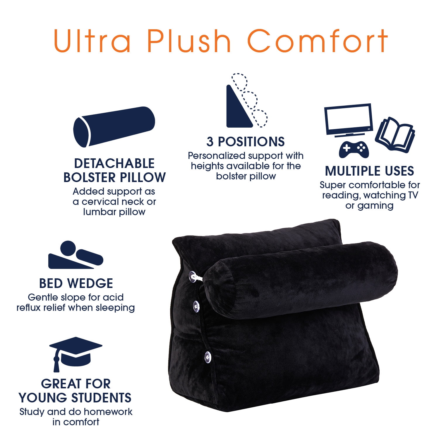 Cheer Collection Extra Large Wedge Pillow with Detachable Bolster, Black