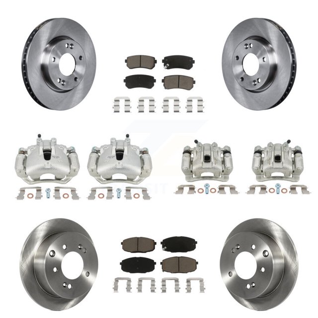 CMX Front Rear Disc Brake Caliper Rotors and Ceramic Pads Kit (10Pc) for Car Kia Forte Koup Forte5 2.0L KC8-101158C. The kit includes 2 front and 2 rear disc brake calipers, 2 front and 2 rear disc brake rotors, and ceramic brake pad sets with hardware. Designed for 2010-2013 Kia Forte, Forte Koup, and 2012-2013 Kia Forte5 2.0L models with specific rotor and wheel configurations. Features CeramiX™ high-density ceramic compound for optimal braking performance and XCast™ iron castings for durability. Suitable for front and rear positions. Includes a limited lifetime warranty.