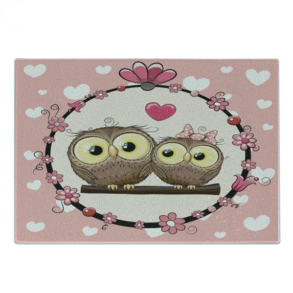 Owls Cutting Board, Owl Couple on Tree Branch Floral Wreath Celebrations Cheerful Art, Decorative Tempered Glass Cutting and Serving Board, Small Size, Coral Brown Pale Yellow, by Ambesonne