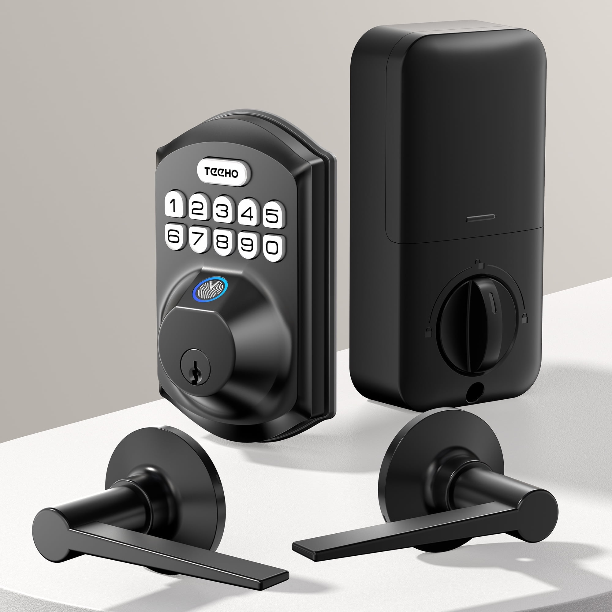 TEEHO Fingerprint Keyless Entry Door Lock with 2 Handles, Security Keypad Deadbolt Lock, Electronic Smart Door Locks, Auto Lock, Easy Installation- Matte Black