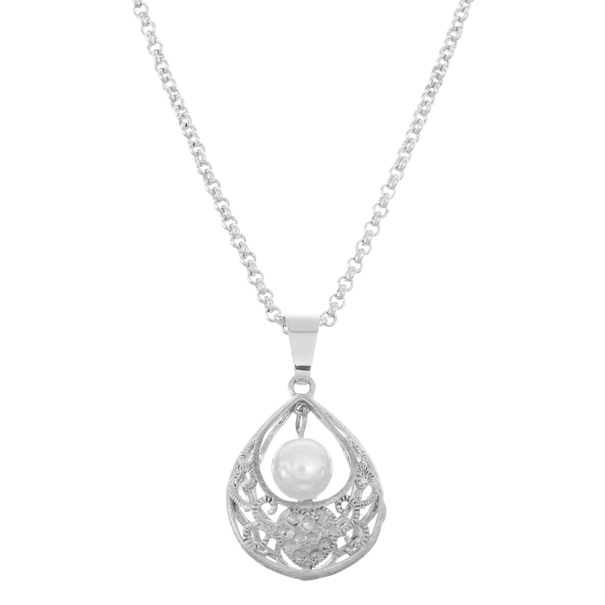 Classic Filigree Circle Pendant Simulated Pearl .925 Sterling Silver Charm