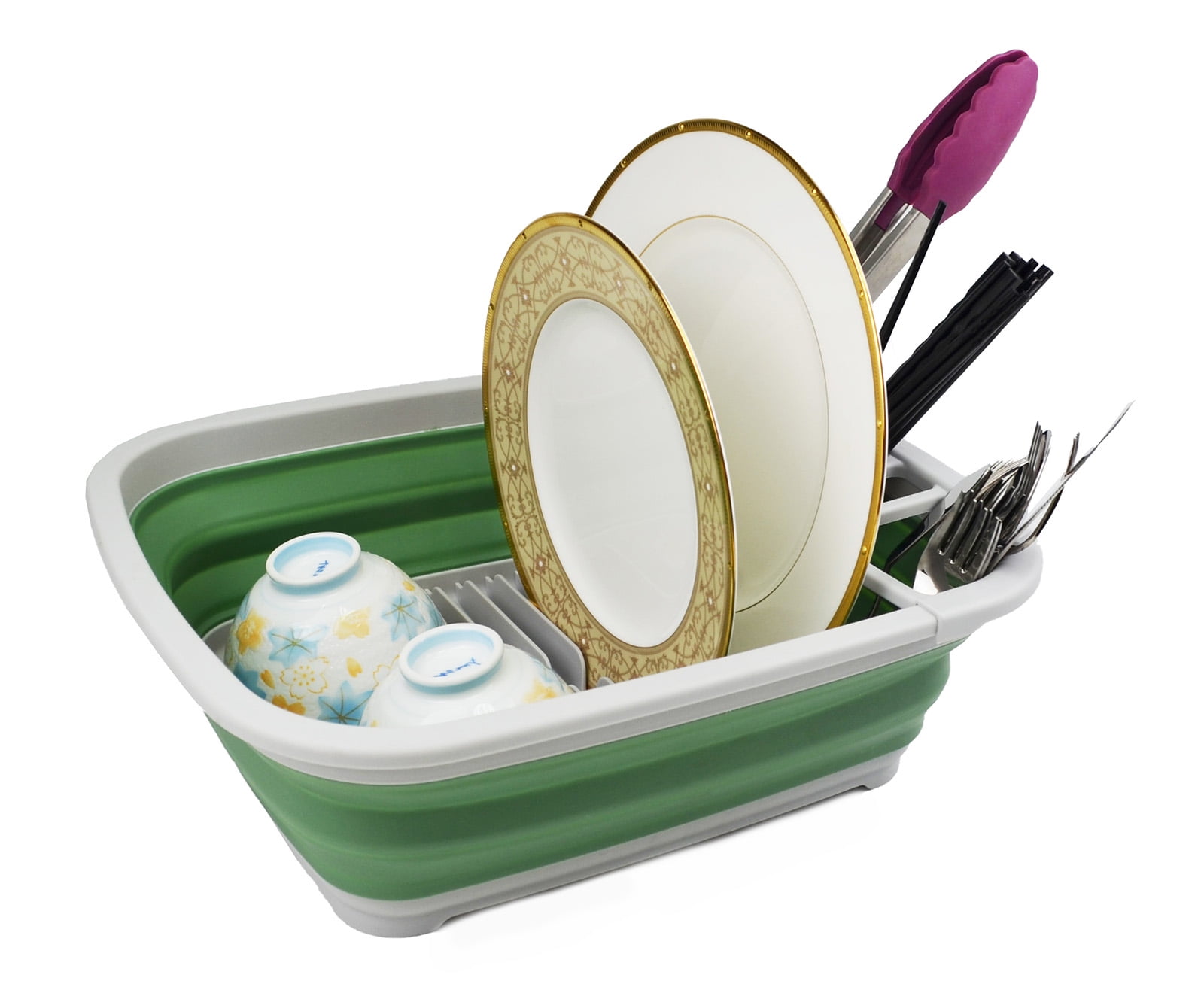 SAMMART 8L (2.11Gallons) Collapsible Plastic Dish Drainer - Foldable Drying Rack - Portable Dinnerware Organizer - Space Saving (Grey/Dark Sea Green