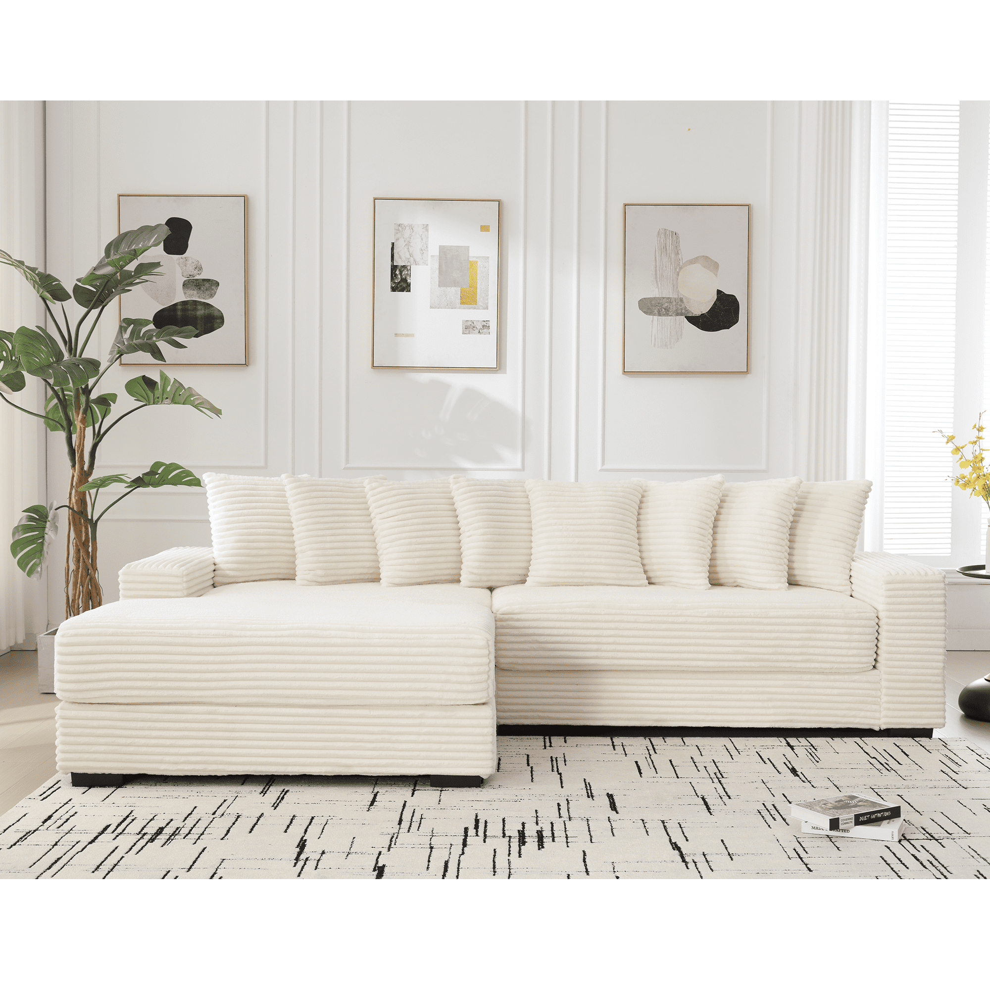AISWORD 111" Oversized 3-Seat L-Shaped Sectional Sofa with Left Chaise, Luxury Corduroy Fabric Modular Couch with 8 Throw Pillows, Easy Assembly for Living Room