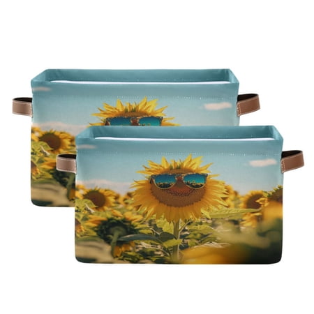 Sunflowers Wear Sunglasses Foldable Storage Basket Canvas Fabric Foldable Storage Bins with Handles Open Home Storage Bins Boxes for Toy Book Shelf Closet Baskets