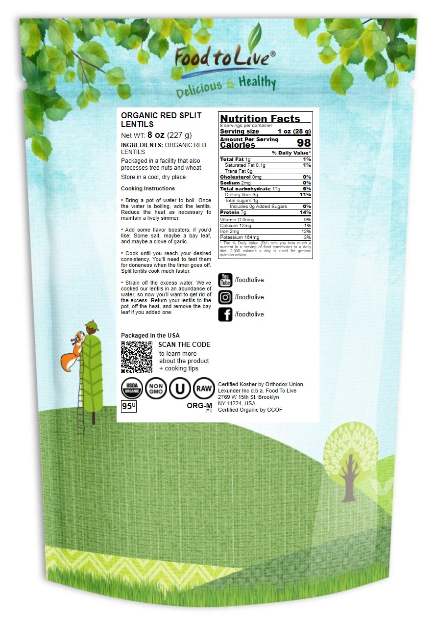 Organic Red Split Lentils, 0.5 Pounds - Non-GMO, Kosher, Raw, Vegan - by Food to Live