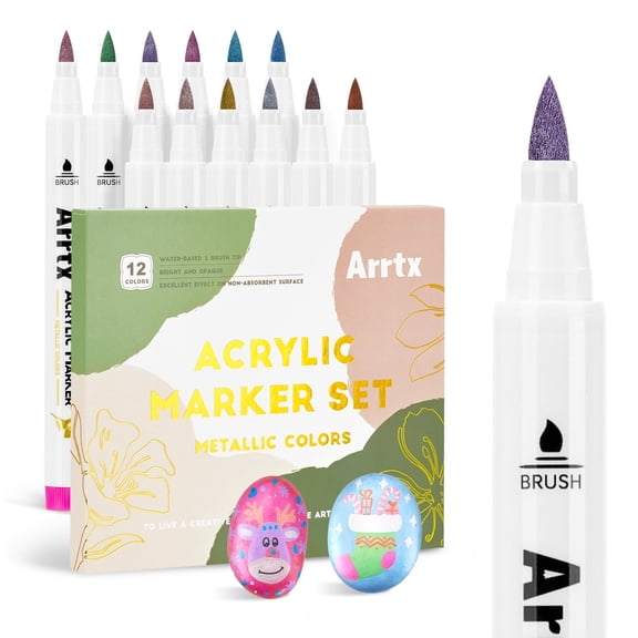 Arrtx Metallic Acrylic Paint Pens, Extra Fine Tip for Rock Painting, 12 Colors Paint Marker