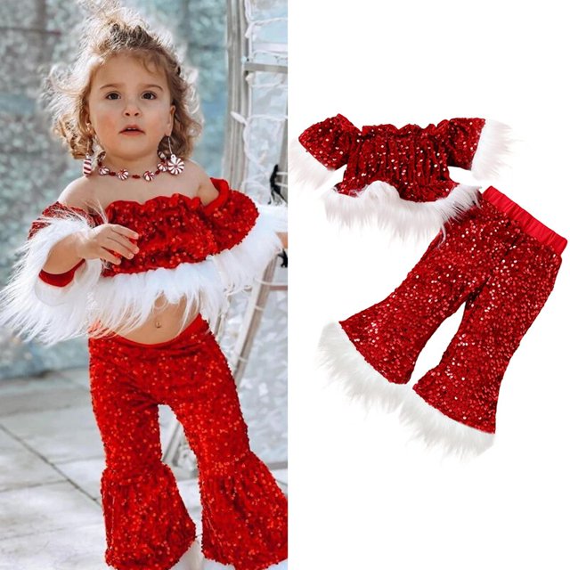 Conjunto de ropa de Navidad para niñas de 1 a 6 años, Cosplay de piel de Papá Noel con lentejuelas, camisetas de manga corta con hombros descubiertos y pantalones, disfraz para niños zhangyuxiang unisex