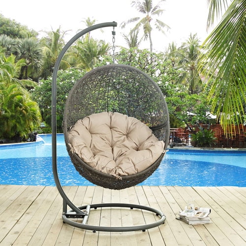 Amazon Com Modway Garner Outdoor Patio Wicker Rattan Teardrop Swing Chair In Gray White Garden Outdoor