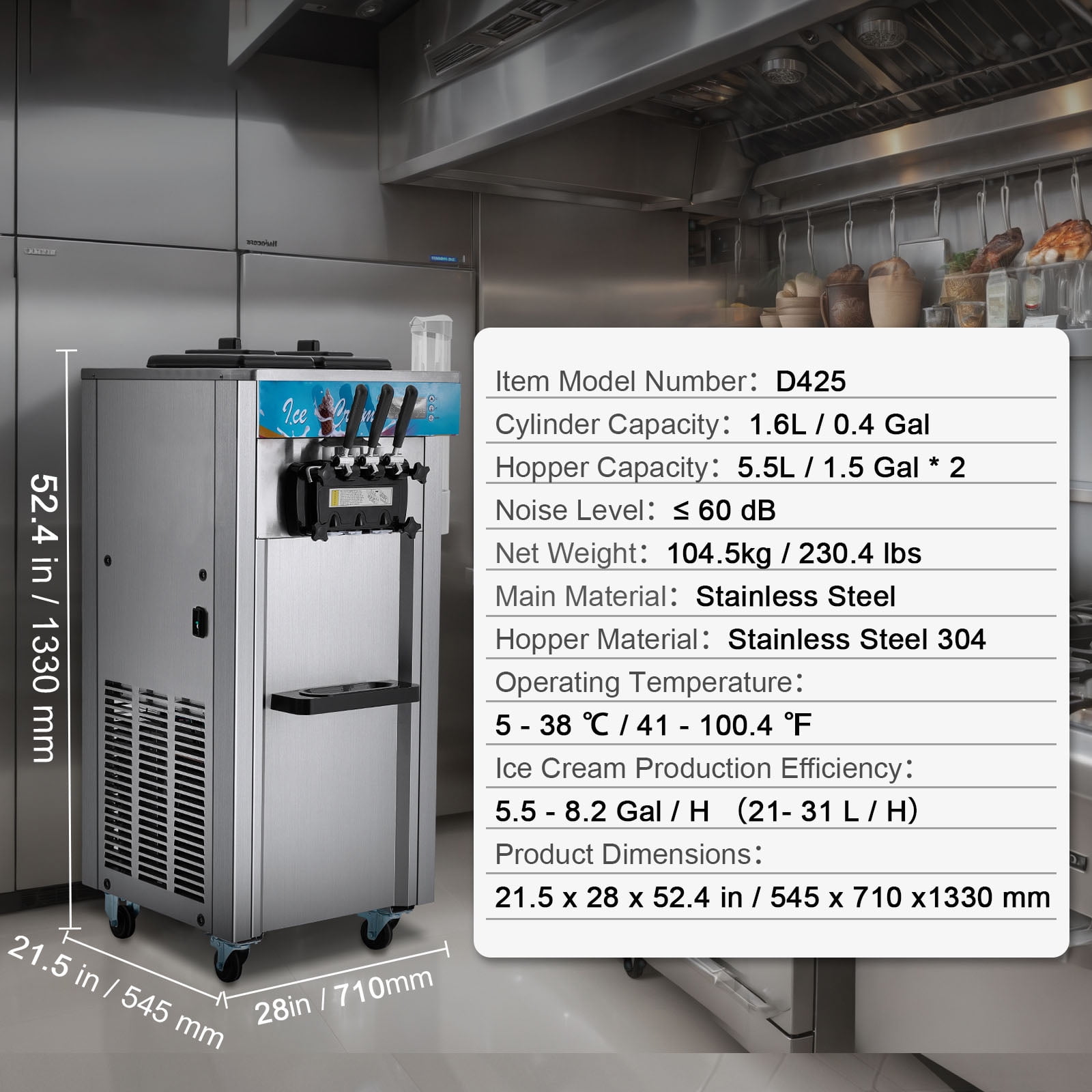 KFFKFF 3-Flavor Commercial Ice Cream Machine 21-31 L/H Soft Serve Ice Cream Maker 2 5.5L*2 Cylinder LED Panel and Auto Clean