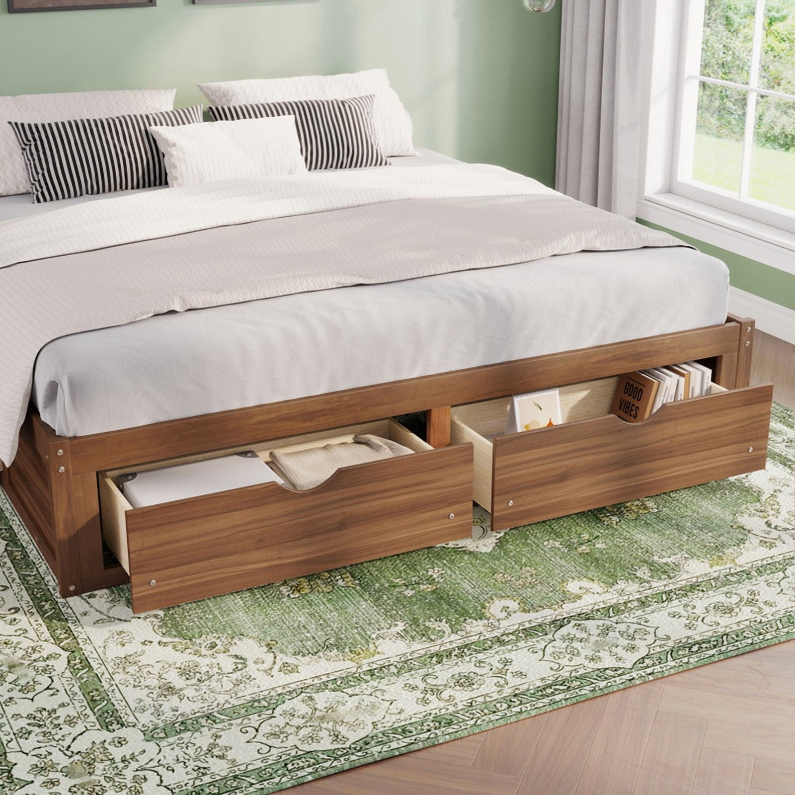 Queen/King Size No Box Spring Required Platform Bed with No Headboard, Wooden Storage Bed Frame with 6 Drawers