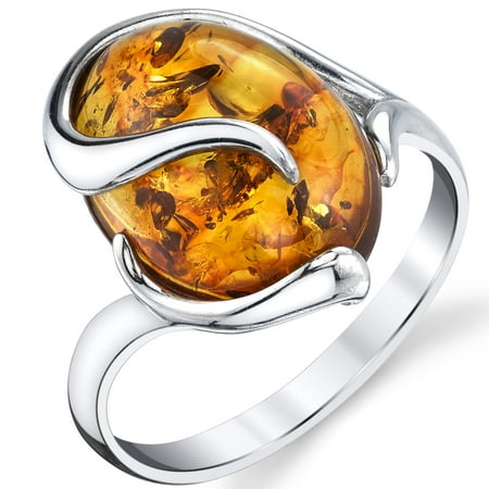 Sterling Silver Baltic Amber Swirl Design Engagement Ring with Cognac Color Large Stone Sizes 5 to
