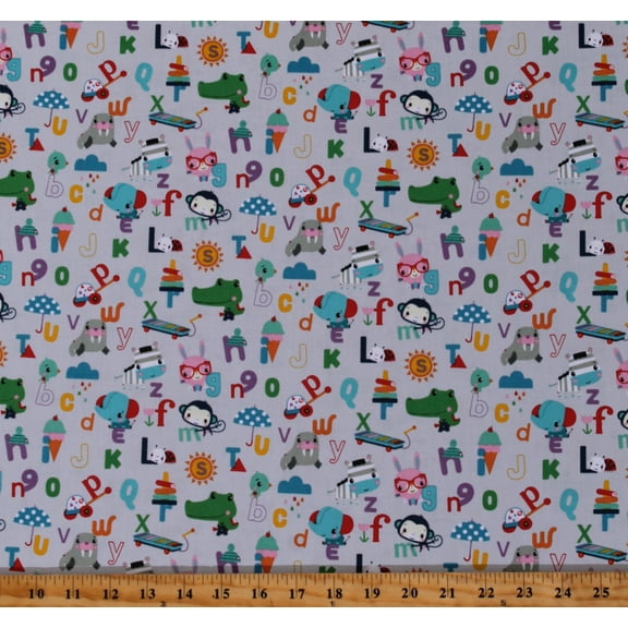 Cotton Alphabet Pictures ABC's Kids Children's Preschool Learning Let's Play Fisher-Price Gray Cotton Fabric Print by the Yard (C11882-GRAY)