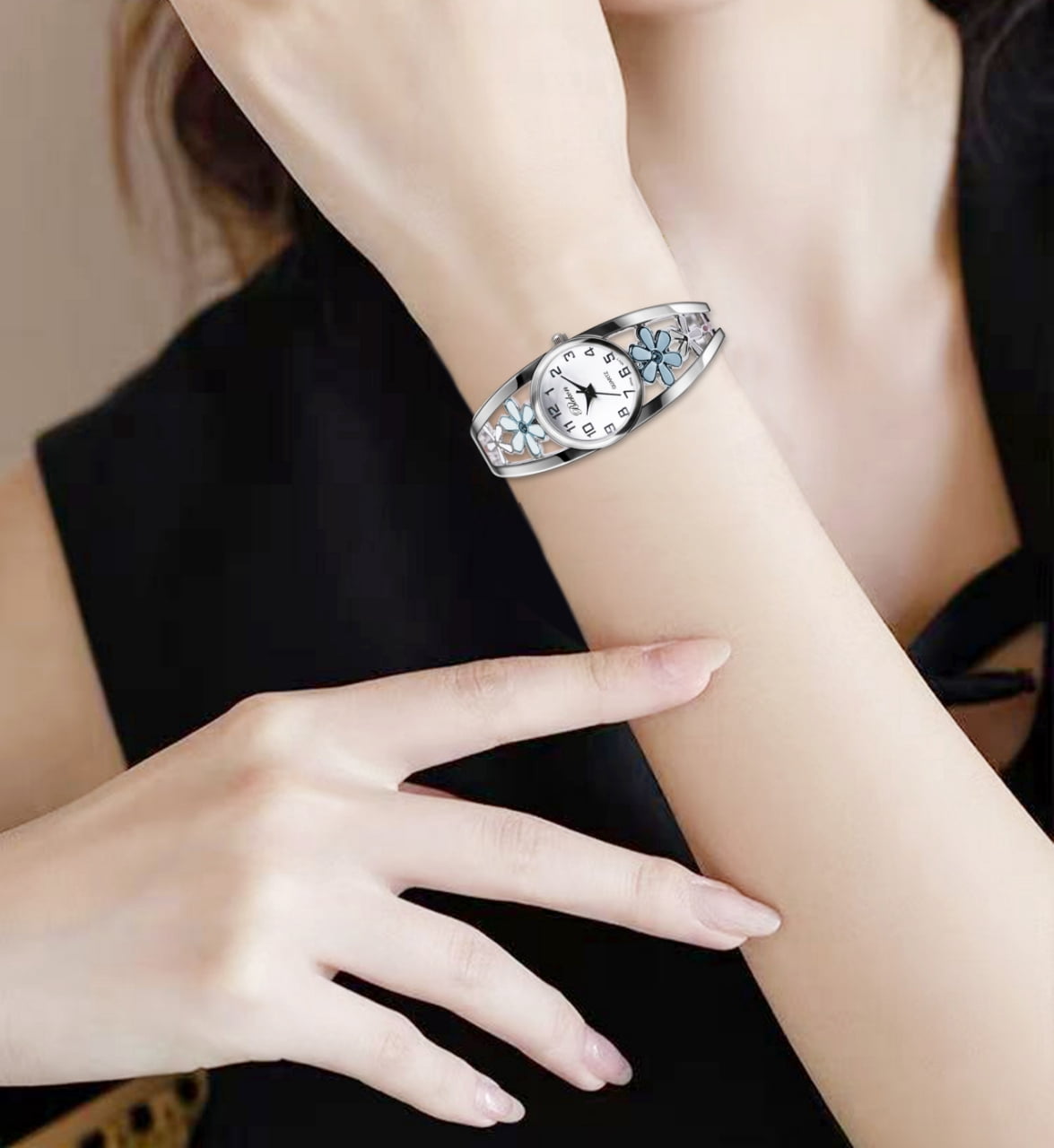 Blekon Women’s Cuff Bangle Watch – Elegant Silver Bracelet Watch with Flower Design, Fashion Jewelry Timepiece for Women