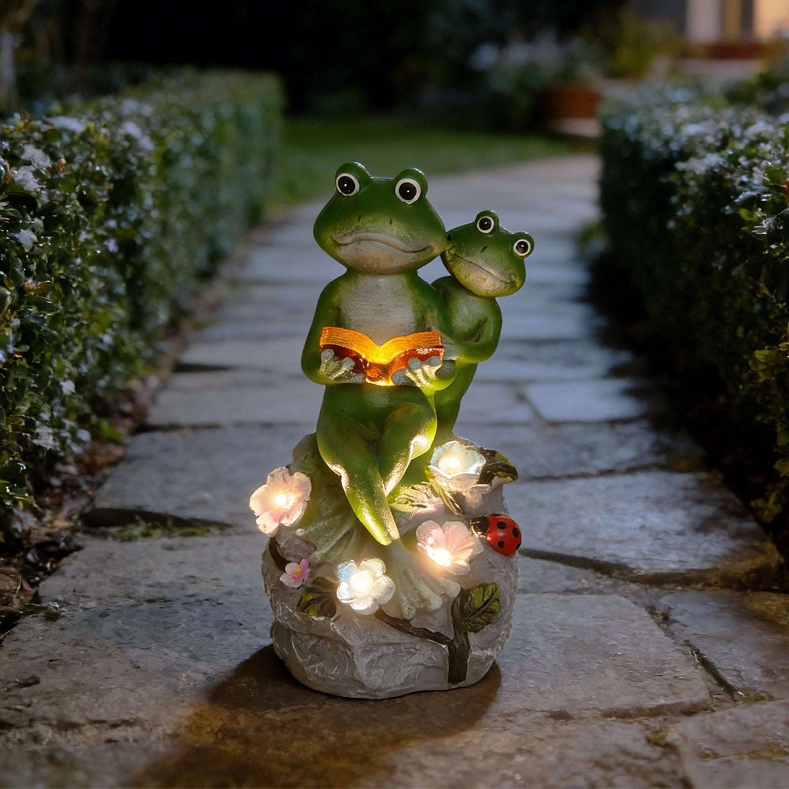 Solar LED Frog Garden Statue - Reading Frog Couple with Flower Lights, Whimsical Outdoor Decor for Patio, Lawn, Yard, Gift for Garden Lovers
