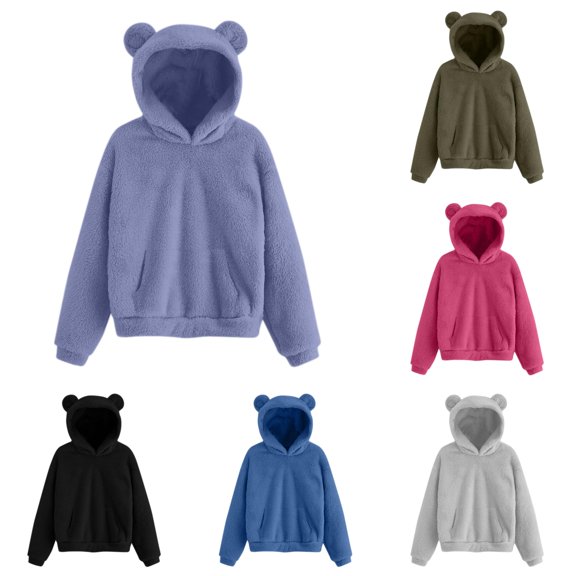 HAYIMI Women Bear Ears Hooded Sweatshirt Warm Pullover With Cozy Hood For Adults Solid Color Long Sleeve Oversized Cozy Tops Daily Wear