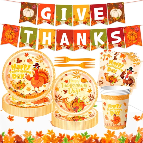 JESTAR Thanksgiving Plates, 76Pcs Give Thanks Plates Serves 10 with Napkins Tablecloth and Give Thanks Banner Forks for Fall Autumn Thanksgiving Party Decorations