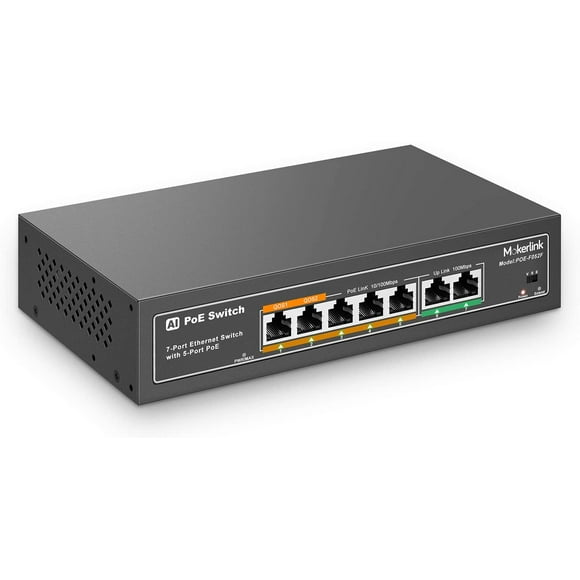 MokerLink 7 Port PoE Switch with 5 PoE+ Port, 2 Uplink, 78W AI Detection, Qos, Fanless Metal Plug & Play Network Switch