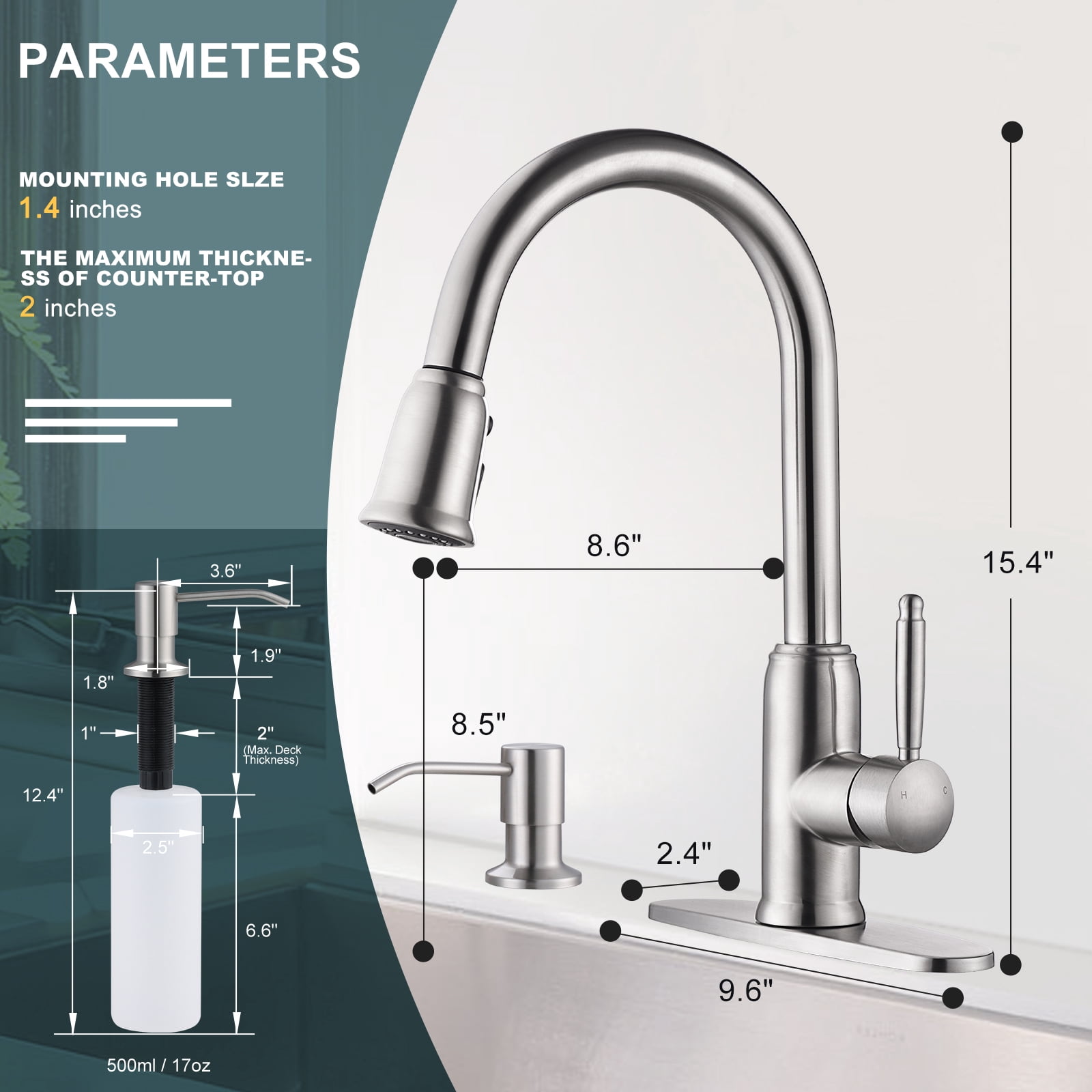 Wowow Stainless Steel Kitchen Faucet with Soap Dispenser, Brushed Nickel Kitchen Faucet for Sinks