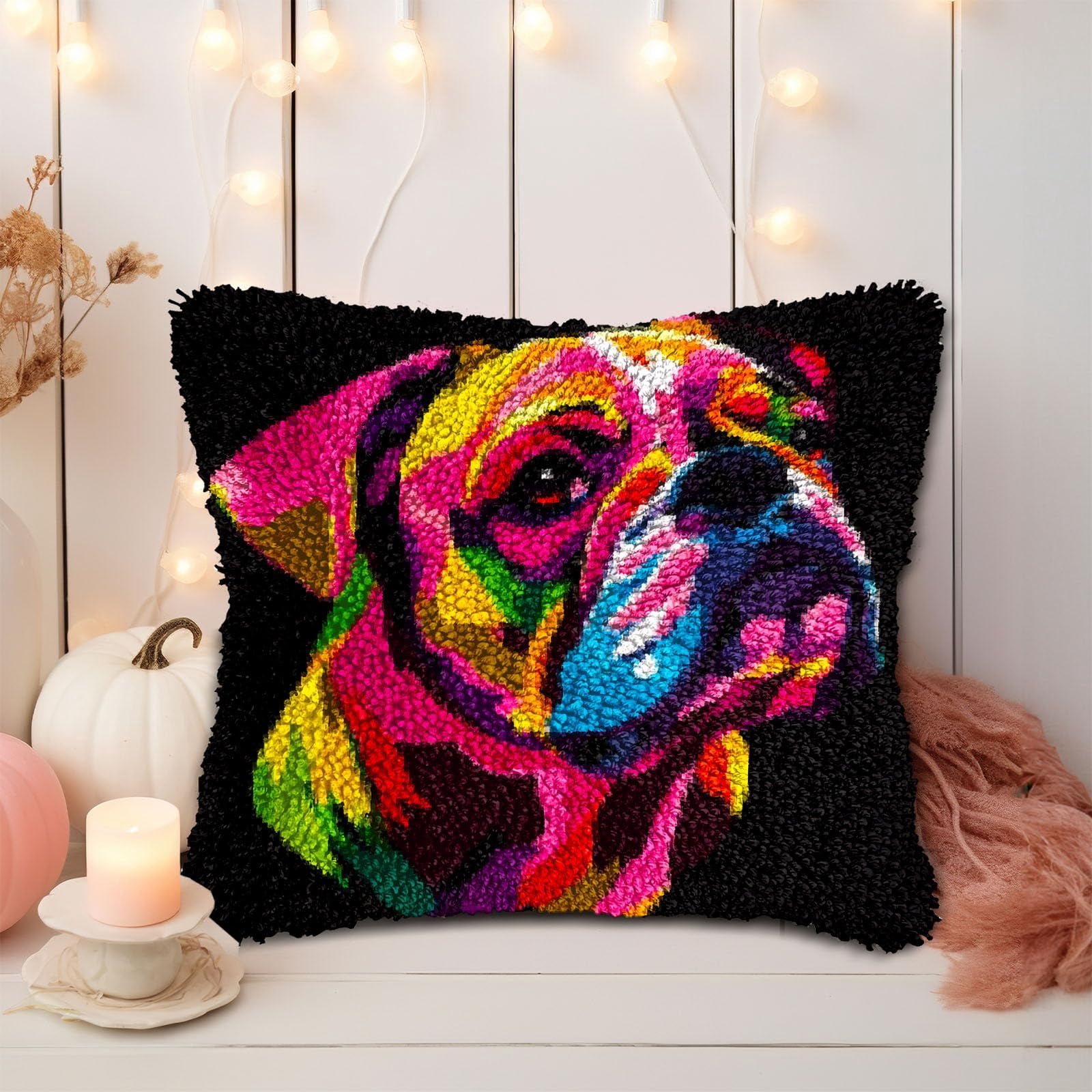 Boxer Dog DIY Latch Hook Pillow Kits for Adults Printed Pillowcase Crochet Yarns Hooking Handmade Pillow Cover Cushion for Home Sofa Decoration 17x17inch