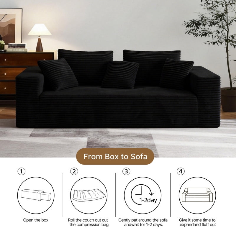 3-Seater Boneless Corduroy Upholstered Armrest Sofa, No Assembly Floor Couch, Memory Foam Large Loveseat with Throw Pillow