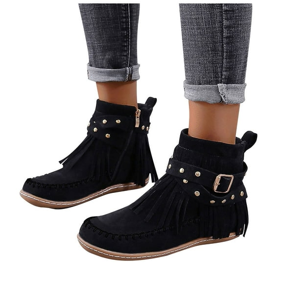 Pandaie Ankle Cowboy Boots for Women Fringe Cowgirl Western Booties Retro Suede 2025 Arch Support Tassel Slip on Dressy Flat Shoes Black 6