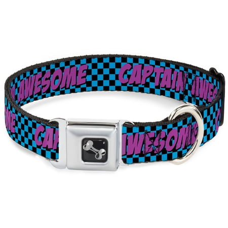 Buckle-Down Pet Collar Dog Collar Metal Seatbelt Buckle Captain Awesome Turquoise Checker Fuchsia 11 to 16.5 Inches 1.0 Inch Wide