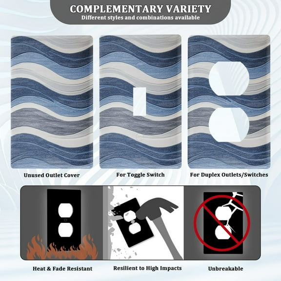 New Flame-Retardant Switch Plate Cover，DIY Wall Plate Decor with Screws，A Blue and Gray Wavy