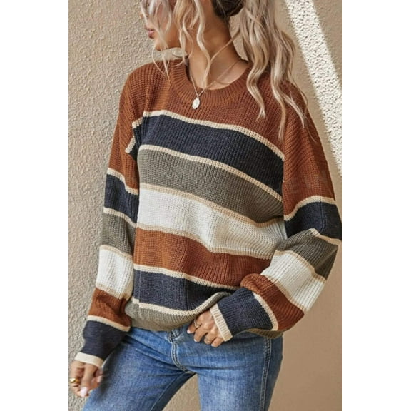 Contrast Striped Round Neck Long Sleeve Sweater