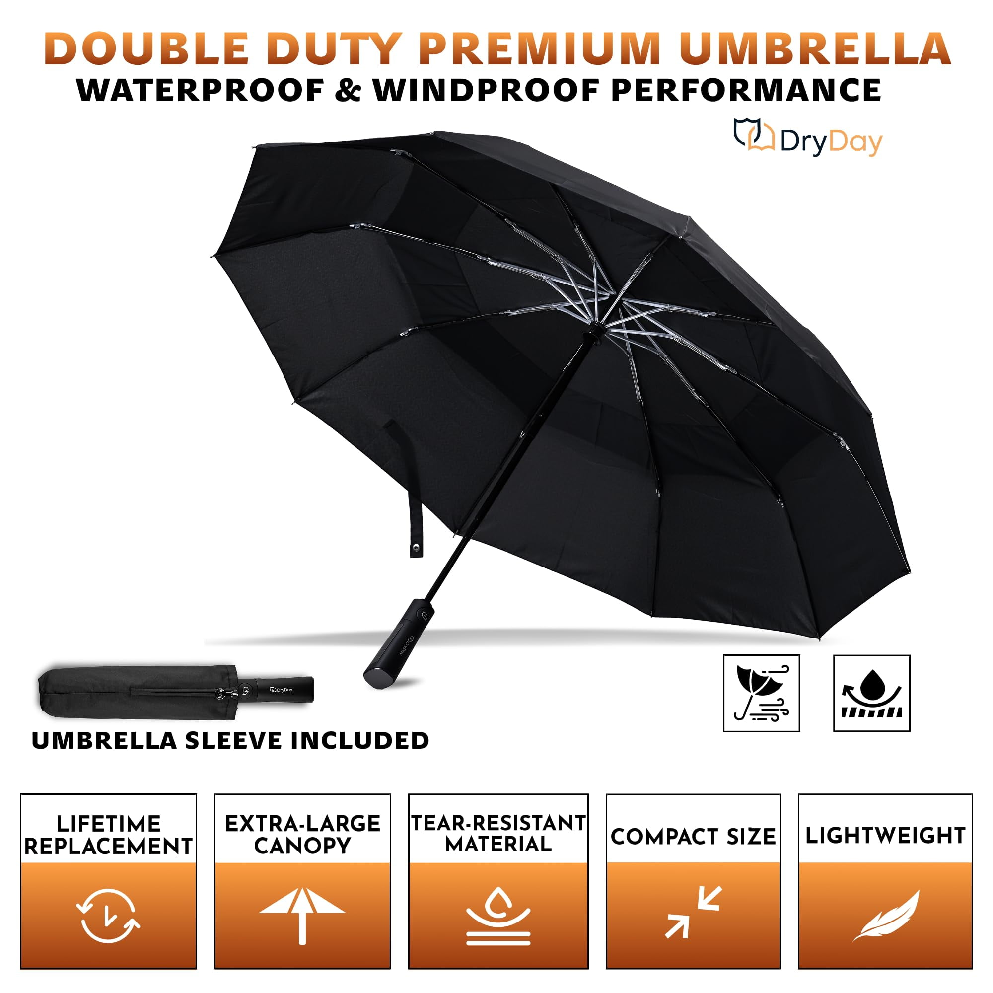 DryDay 47” Premium Umbrellas for Rain, Large Windproof Double Canopy Umbrella, 10 Aluminum Ribs, Sturdy Frame, Auto Open Close Unique Handle, Windproof & Waterproof Umbrella for Women & Men, Black