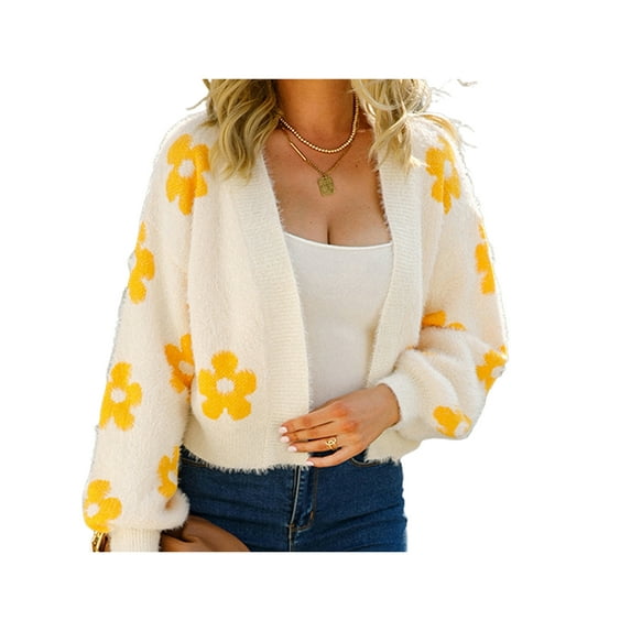 Seyurigaoka Women Crochet Cardigan Flower Pattern Long Balloon Sleeves Open Front Sweater