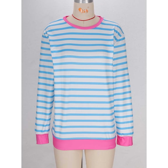 YueHuiYing Women's Striped Blouses Long Sleeved Round Neck Pullover Color Block Fall Outfits Clothing Ribbed Top