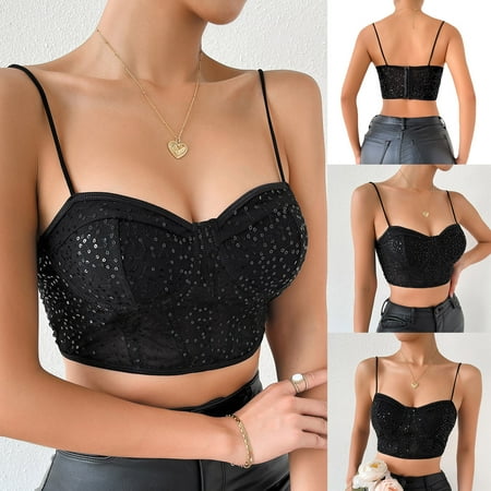 

ADXFWORU K&Y 2022 New Woman Spaghetti Strap Beaded Bra Top Mesh Sequined Suspenders Unique Fashion Corset Top Crop Black S