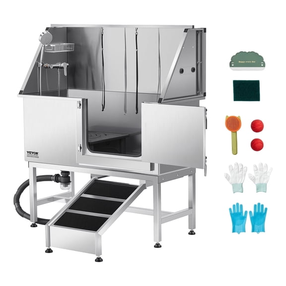 VEVOR Stainless Steel Dog Washing Station, 50 inch Pet Grooming Tub w/ Ramp, PE Water Filter Board, Faucet & Showerhead & Soap Holder Dog Bathtub for Large & Medium & Small Pets (Right Door)