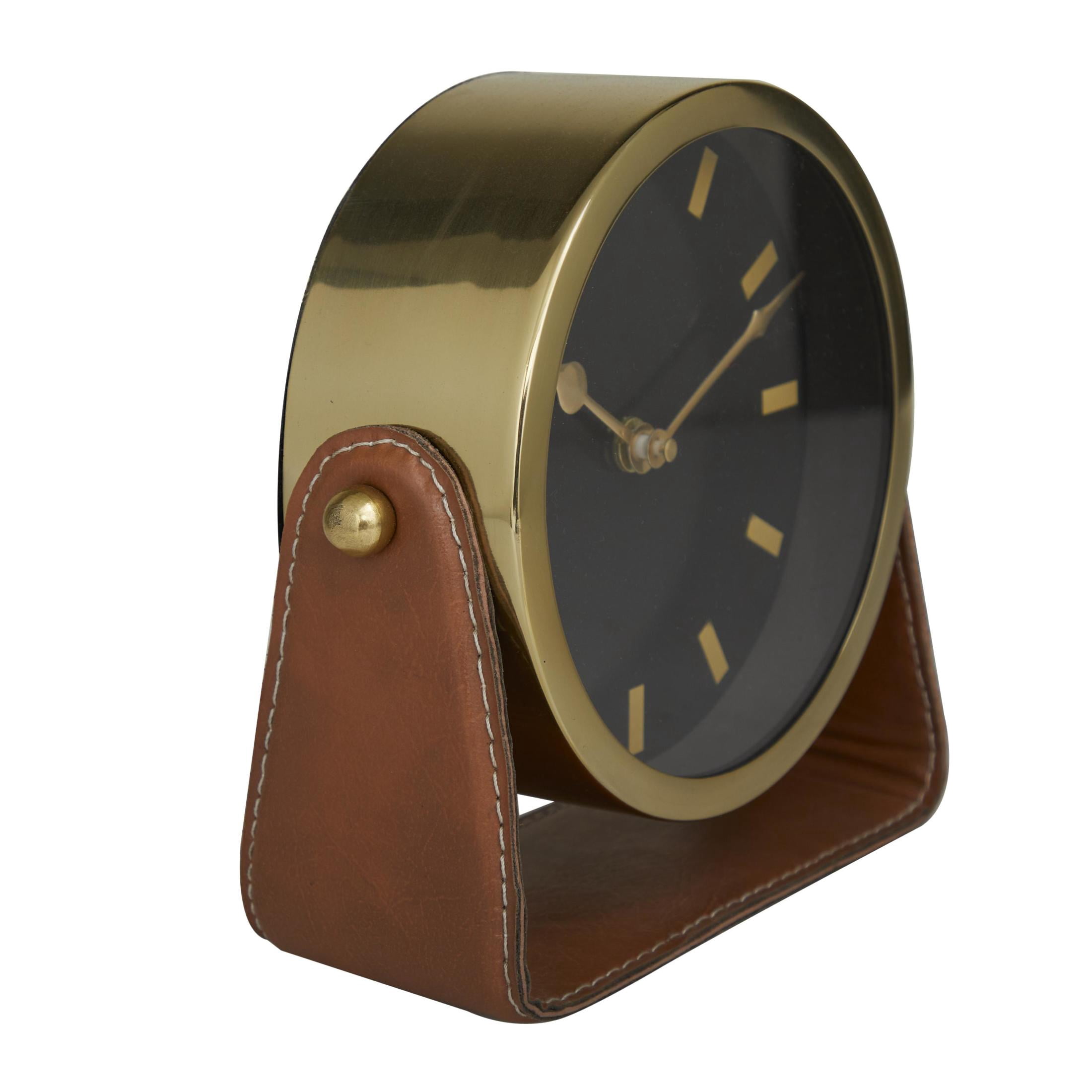 DecMode Stainless Steel Modern Round Decorative Desk Clock 7"W x 7"H, with Metallic Gold and Leathery Brown Stand