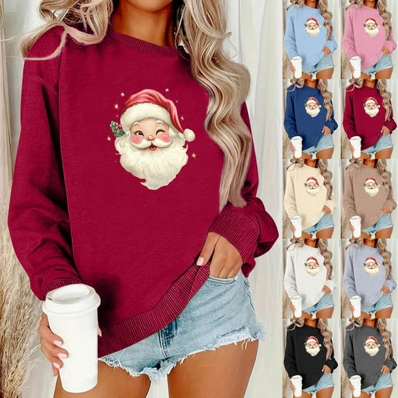 Meichang Womens Christmas Sweatshirts Christmas Santa Print Long Sleeve Crewneck Sweatshirt Casual Xmas Holiday Pullover Tops