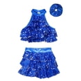 thumbnail image 3 of Alvivi Girls Sequins Dance Performance Outfits Sleeveless Halter Crop Top Skirt with Hair Band Set Royal Blue 15-16, 3 of 5
