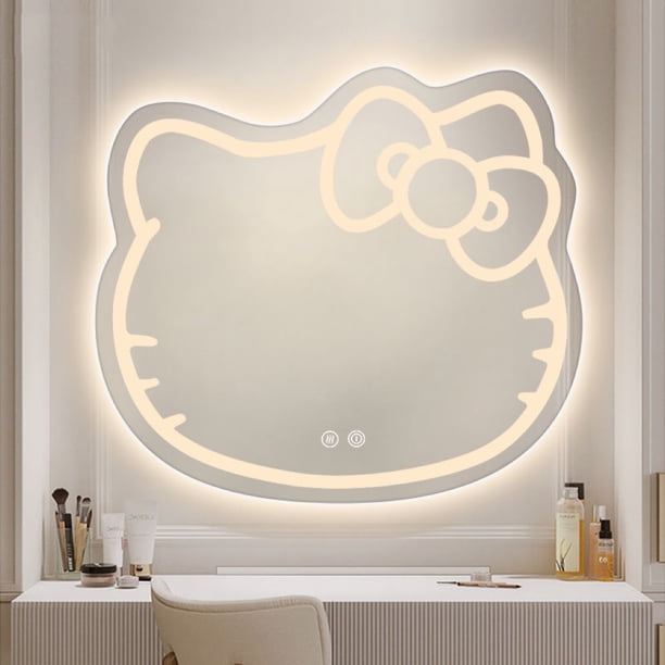 Espejo de baño con Interruptor táctil para luz LED, espejos decorativos irregulares montados en la pared, espejo Led con forma de gato rosa Hello Kitty