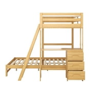 EUROCO Twin over Full Bunk Bed with Desk and Drawers, Natural