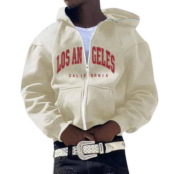 XIAOCHA Men's Los Angeles California Print Full Zip Hoodie Oversized Long Sleeve Hooded Sweatshirt With Kangaroo Pocket Retro Casual Hoodies