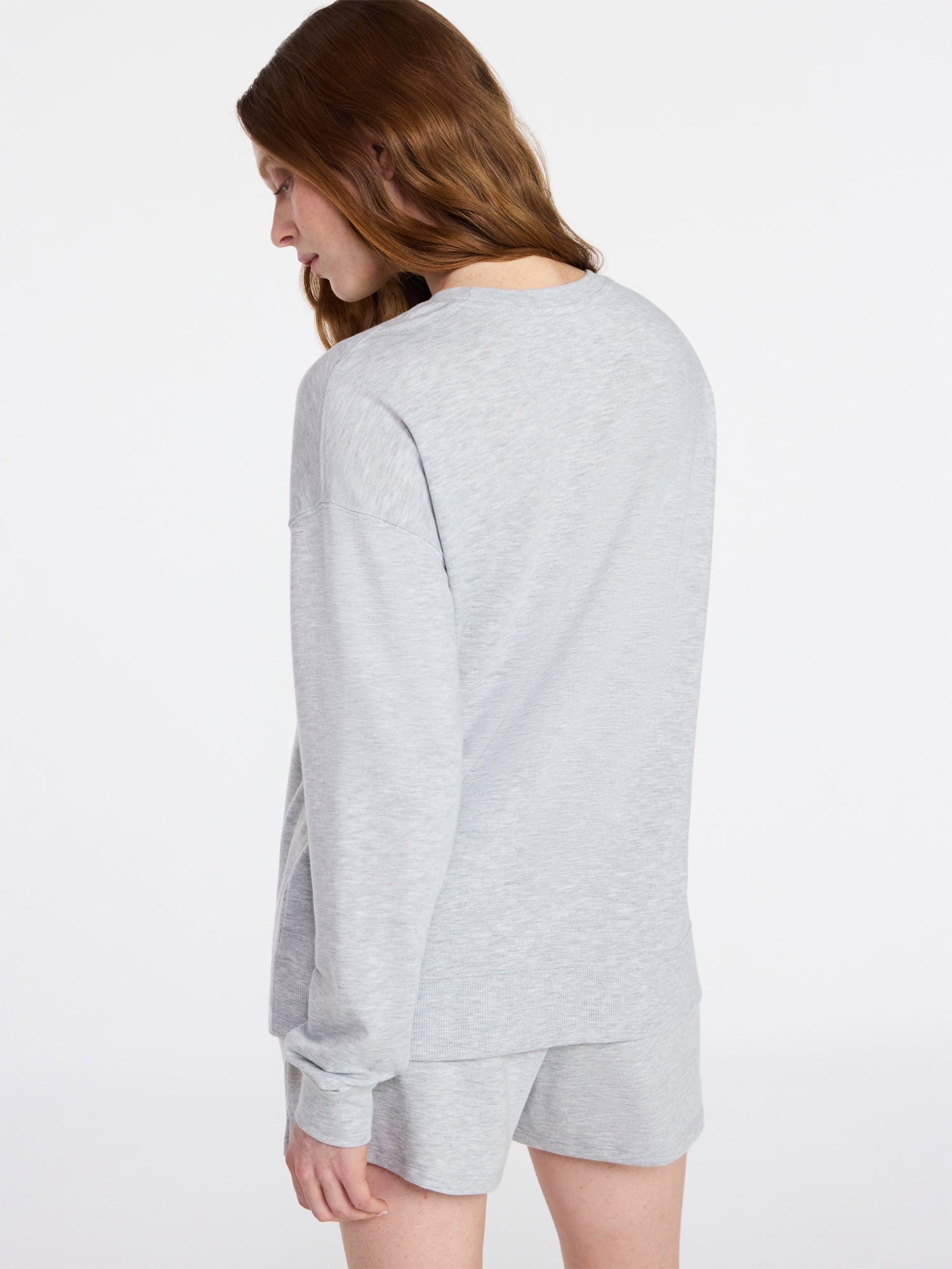 Joyspun Women's Bridal French Terry Knit Long Sleeve Top and Shorts Pajamas Set, Sizes XS-3X
