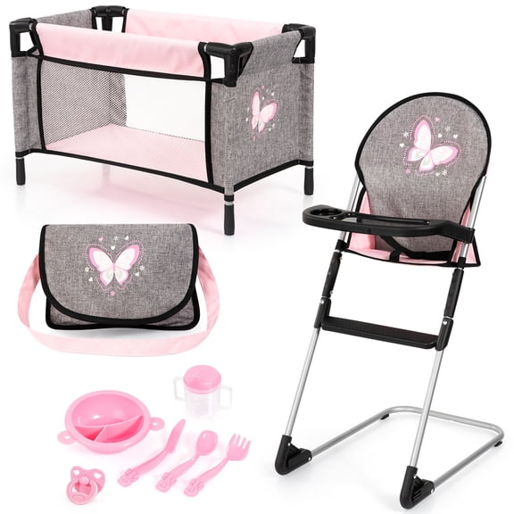Bayer Design: 9-In-1 Doll Travel Bed Set - Grey-Pink-Butterfly - Sleep Playpen-Highchair-Bag-Feeding Care Toy Accessories For Dolls Up to 18", Kids 3 