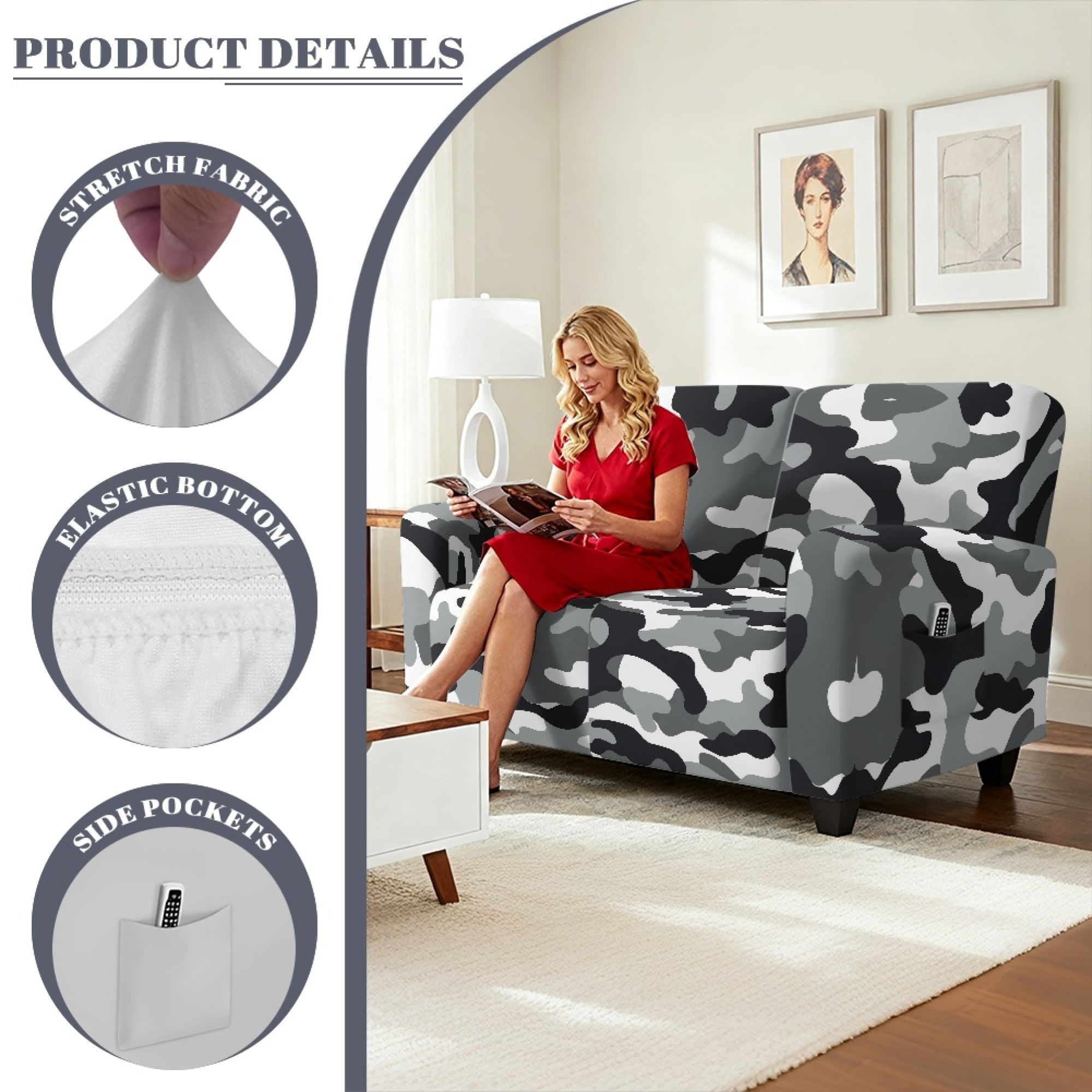 TSOVTHRID 6-Piece Loveseat Covers Black Camouflage Pattern Stretch Reclicer Love Seat Covers with Pockets Loveseat Couch Cover Furniture Protector for 2 Seat Couch Sofa