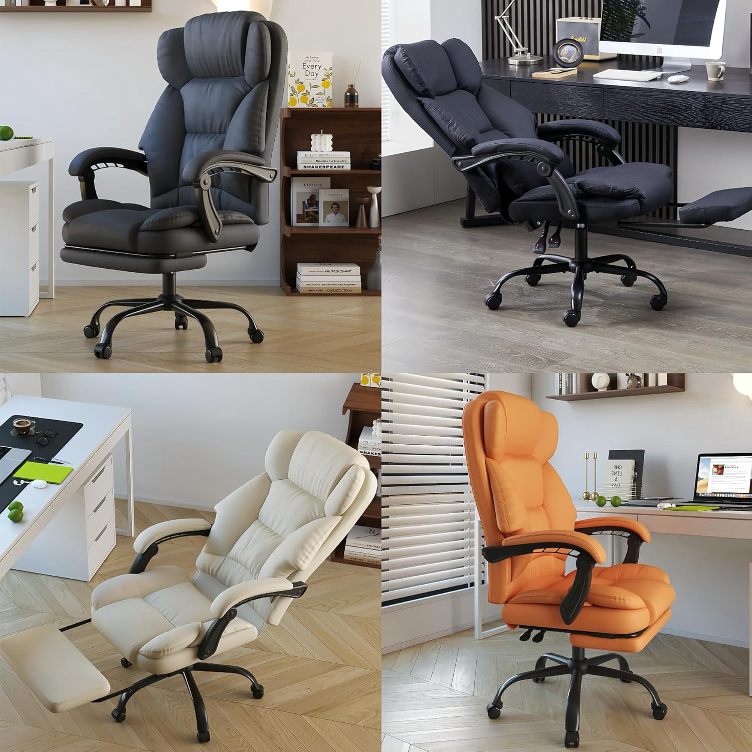 Morufur Leather Office Chair with Foot Rest, Office Chair 400LBS Wide Seat Ergonomic Computer Desk Chair with 360 Swivel High Back Executive Leather Chair Adjustable Task Chair, Black